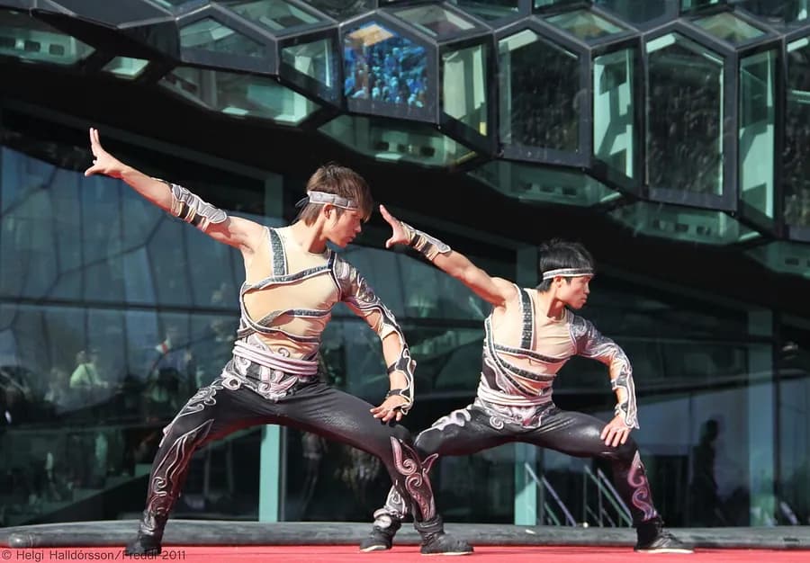 Acrobatic kung fu performer captured mid-flip