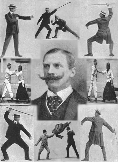 Bartitsu guard combining a walking cane and a boxing posture