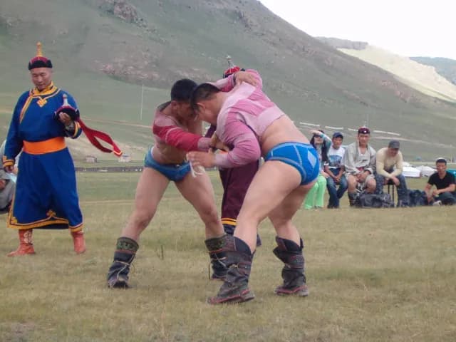 Mongolian Bokh wrestlers gripping in an upright stance