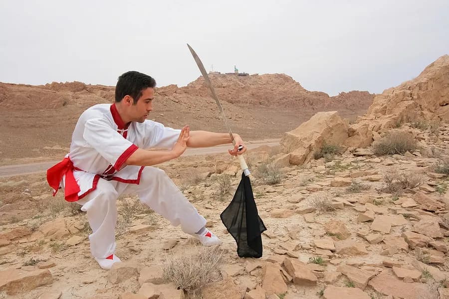 Wushu competitor performing aerial technique